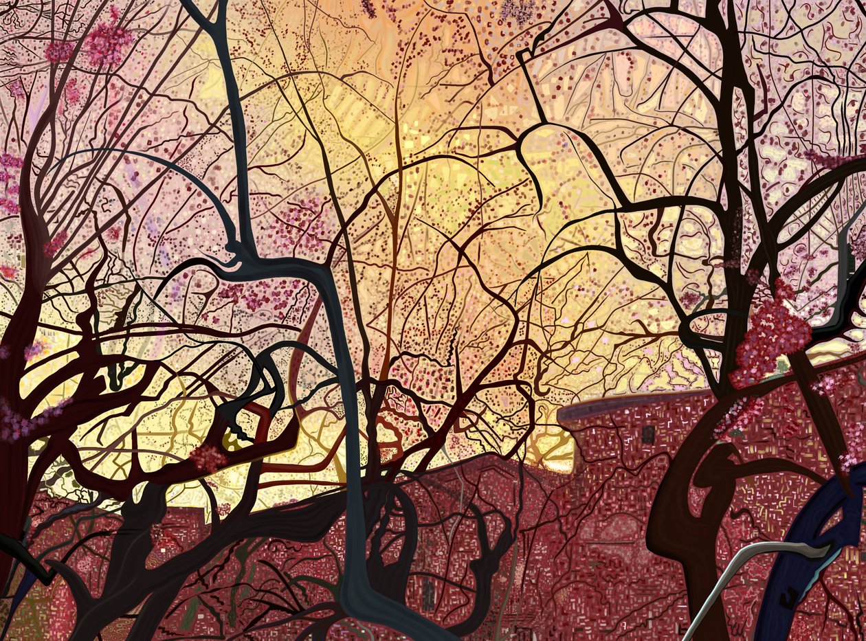 Cielo arancione, edifici e alberi in primavera (arte digitale) da Evan Sklar