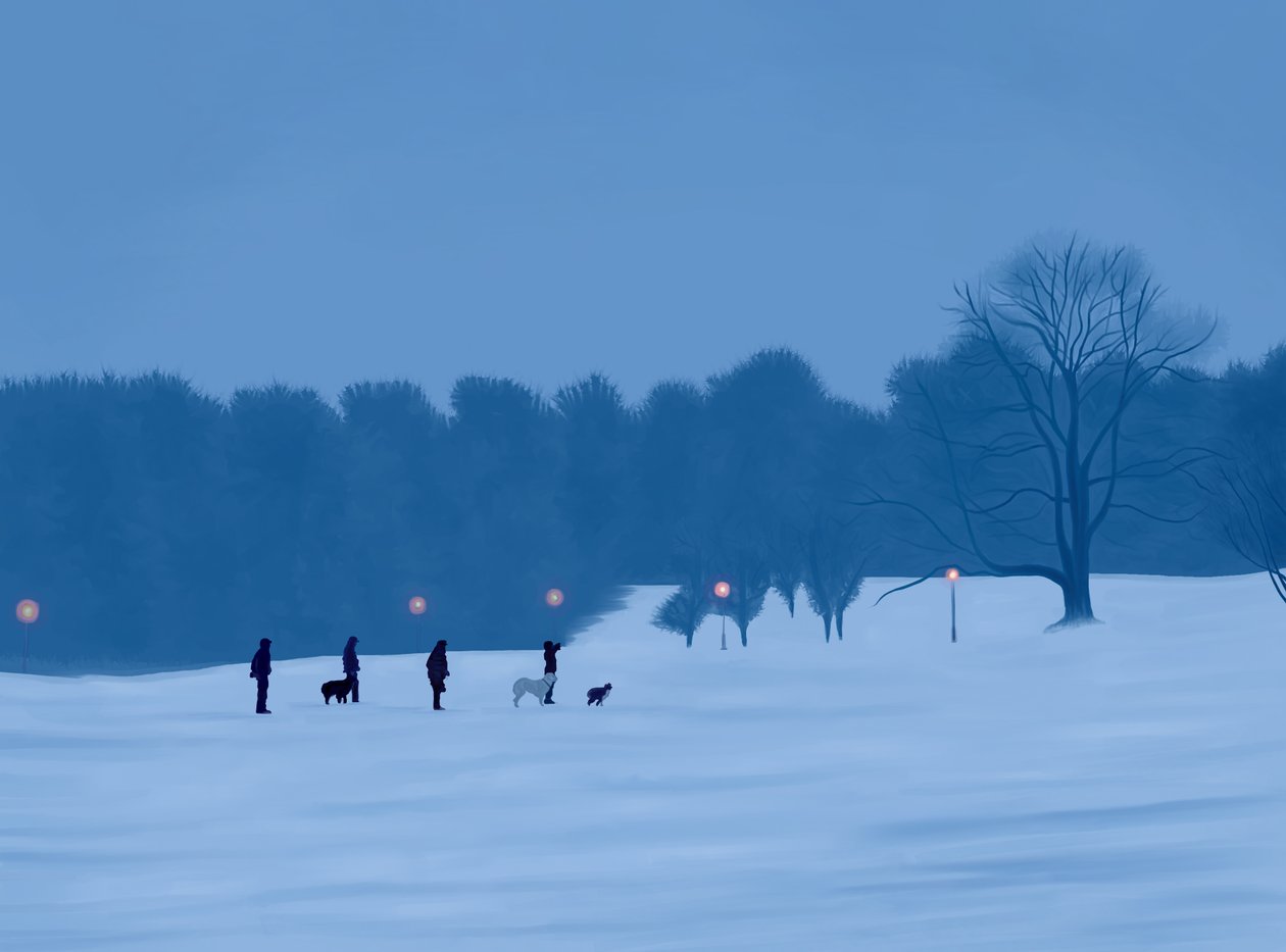 Persone e cani nella neve di Prospect Park (arte digitale) da Evan Sklar