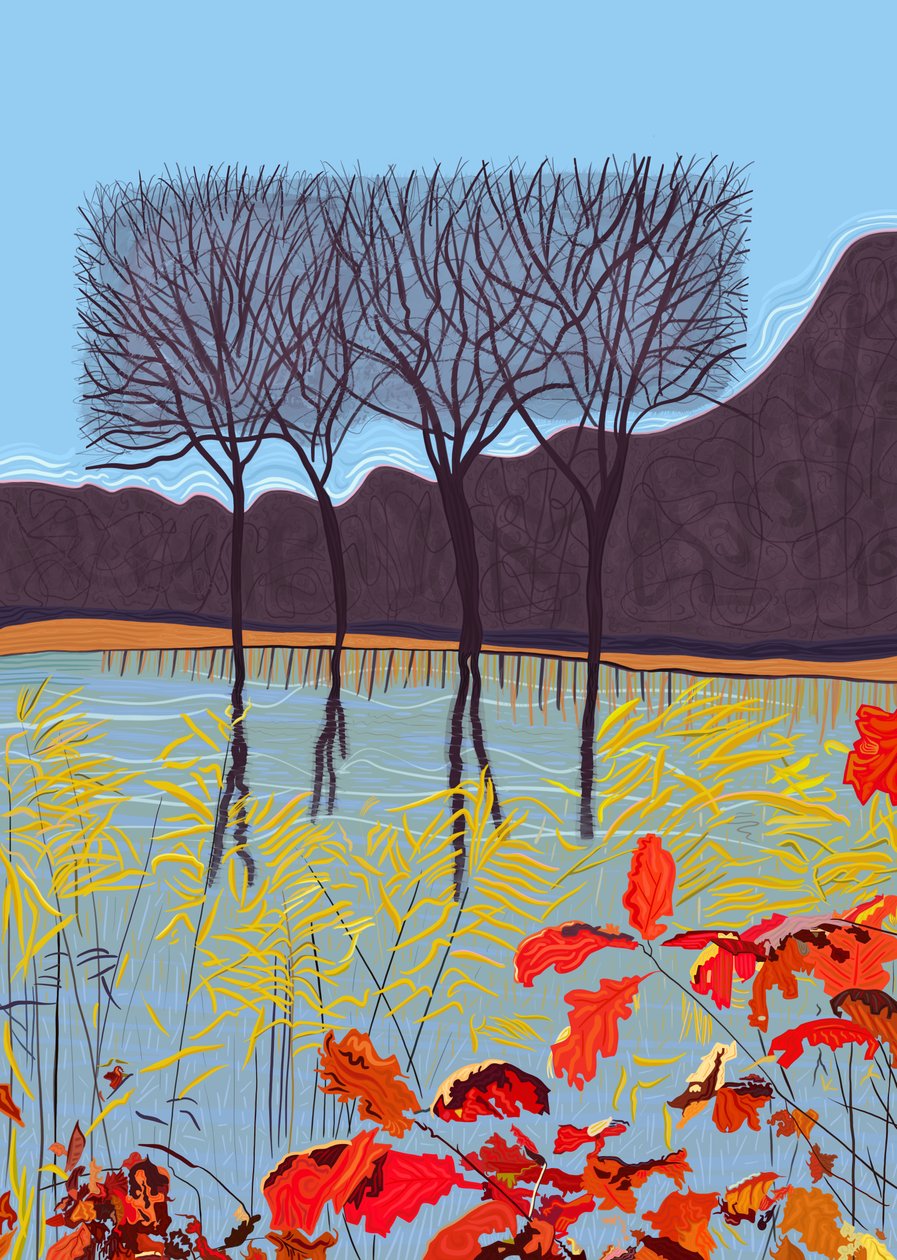 Stagno e alberi in autunno (arte digitale) da Evan Sklar