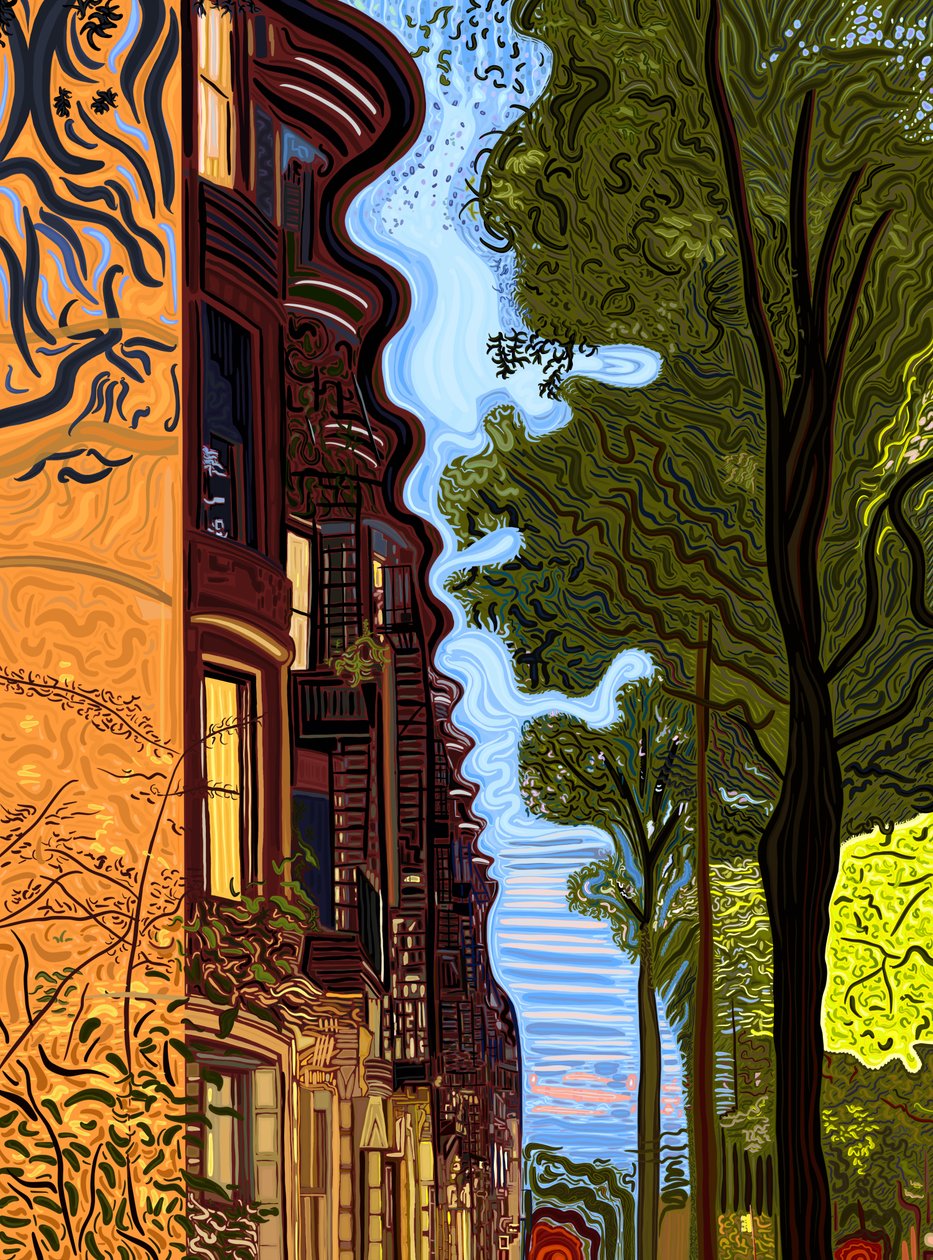 Linea del tetto e linea degli alberi al tramonto. (arte digitale) da Evan Sklar