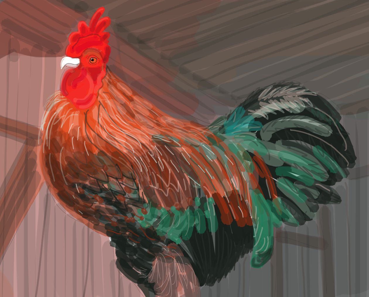 Gallo nel fienile, 2018 (disegnato a mano su un iPad con una matita Apple) da Evan Sklar