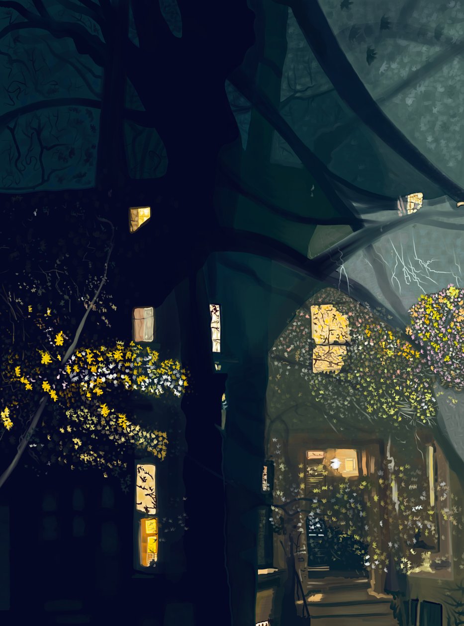 Ombre sulla finestra e vista sulla strada di notte (arte digitale) da Evan Sklar