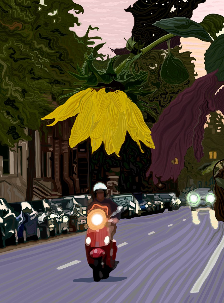 Girasole e uomo che guida lo scooter rosso (arte digitale) da Evan Sklar