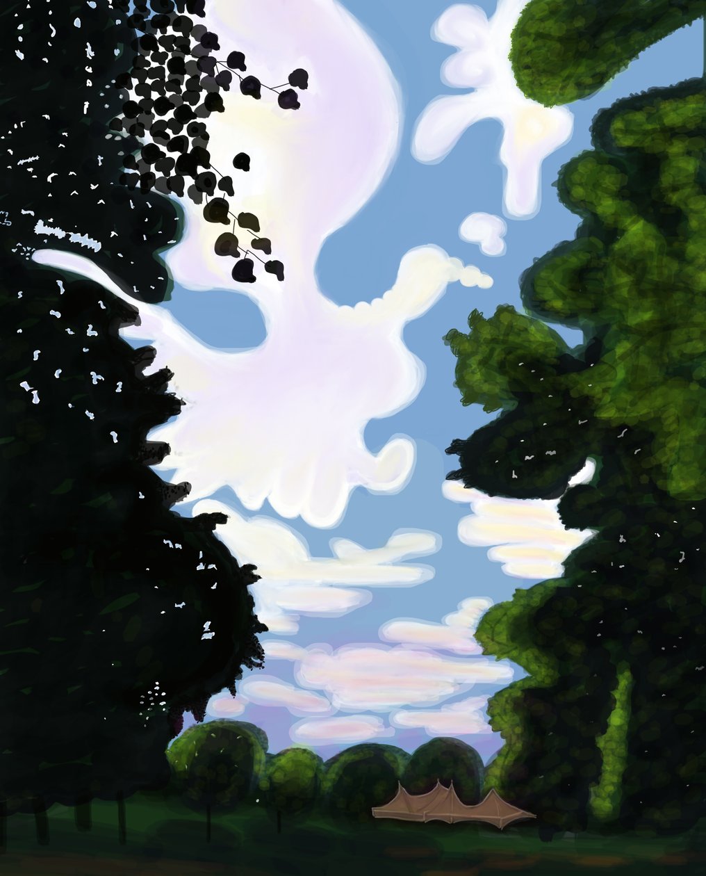 Tenda e cielo, Prospect Park 2018 (disegnato a mano su un iPad con una matita Apple) da Evan Sklar