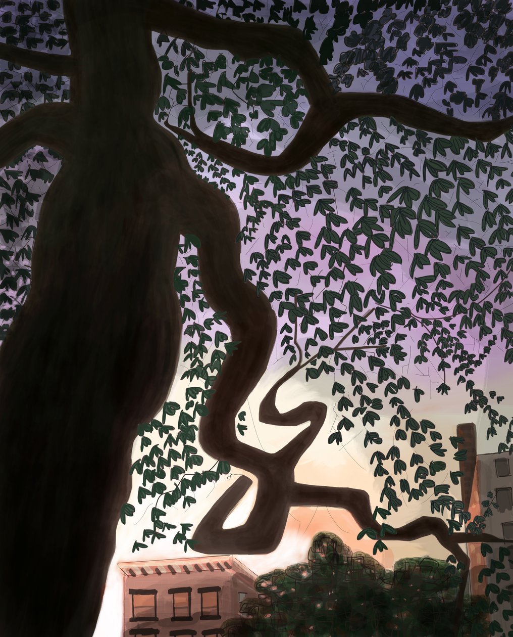 Albero e viale al tramonto, 2016 (disegnato a mano su iPad con una matita Apple) da Evan Sklar