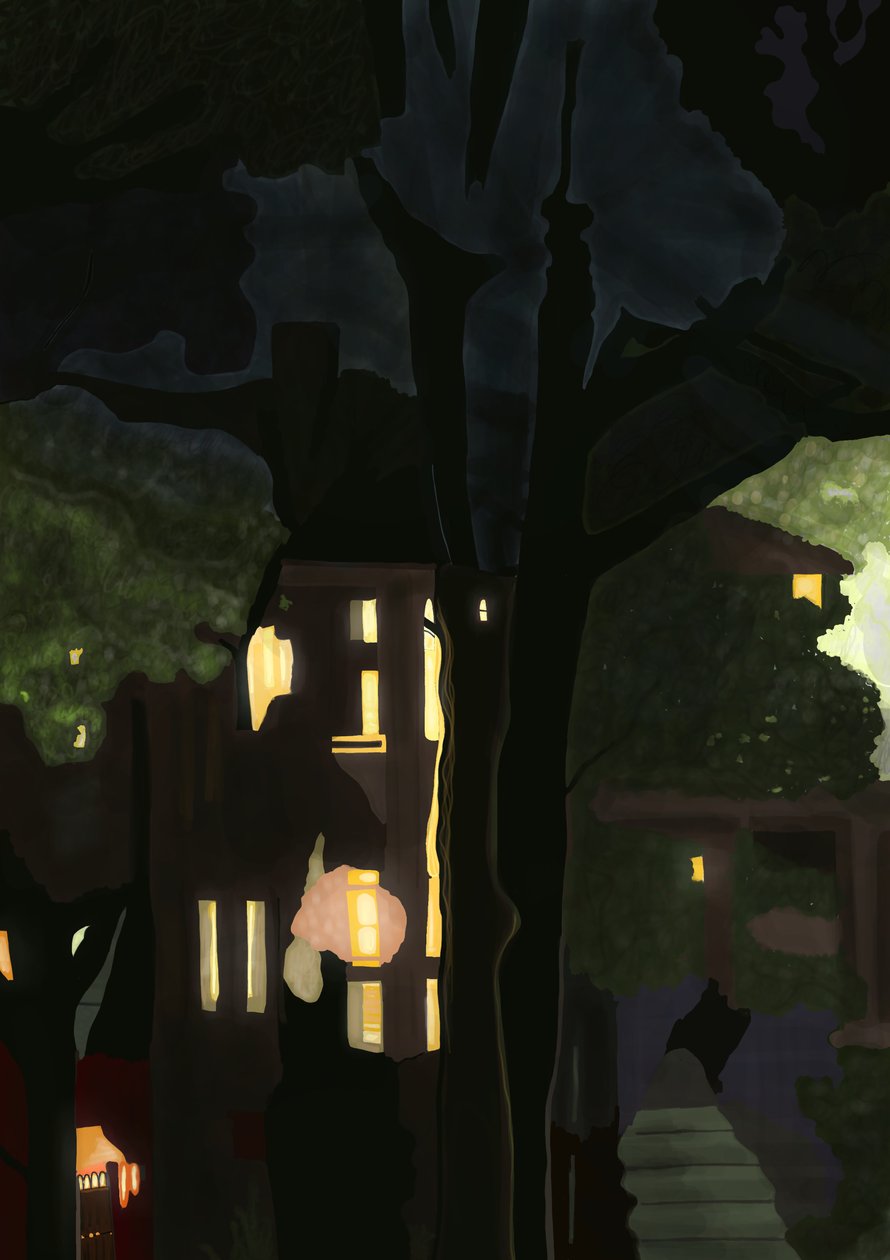 Vista dalla finestra sporca di notte (arte digitale) da Evan Sklar