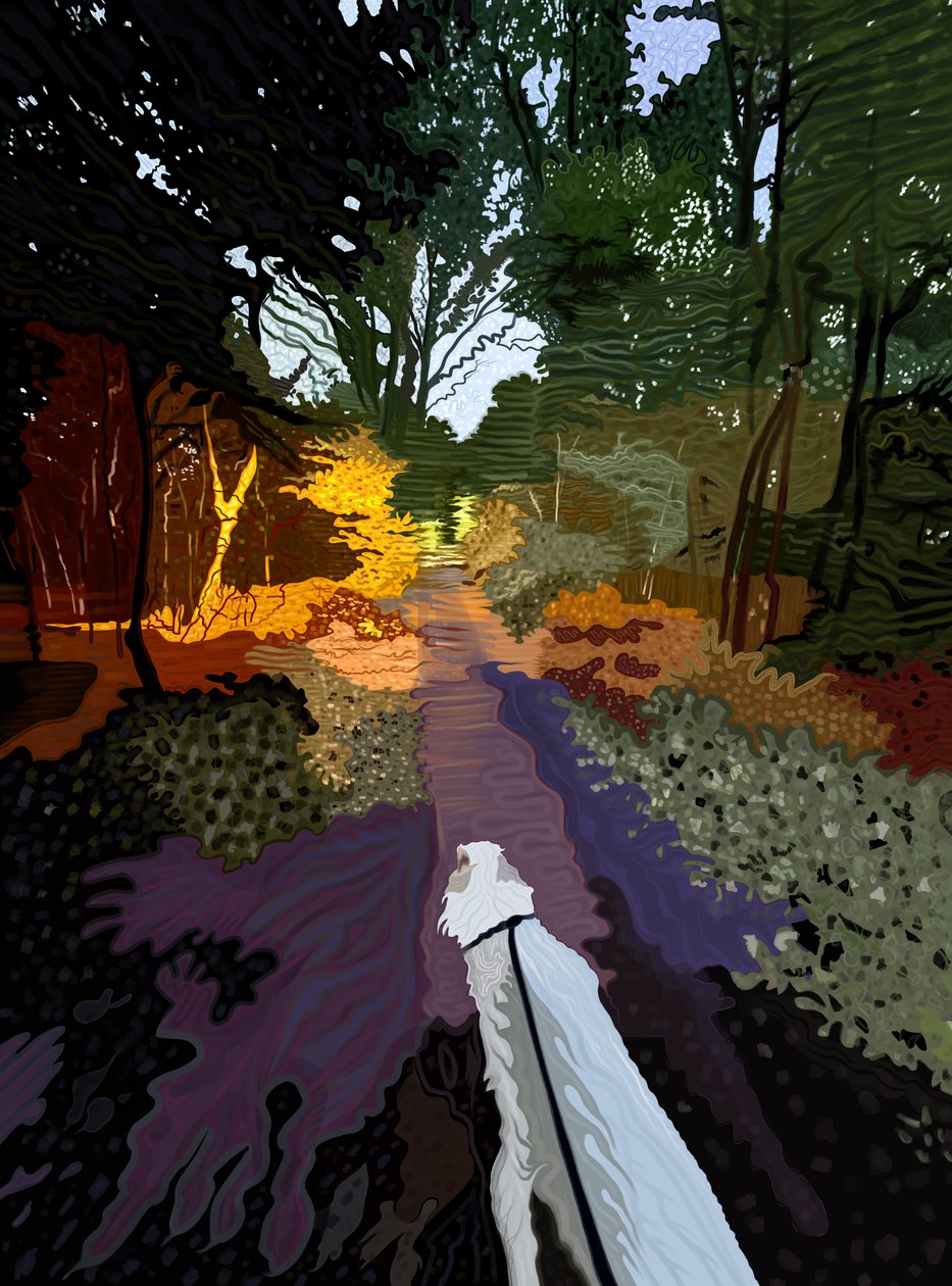 Cane bianco che cammina nel bosco (arte digitale) da Evan Sklar