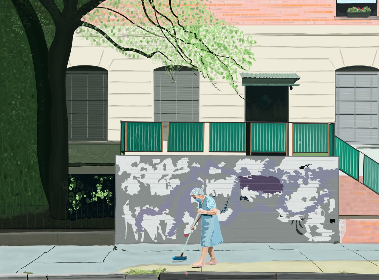 Donna che spazza il marciapiede, Brooklyn (arte digitale) da Evan Sklar