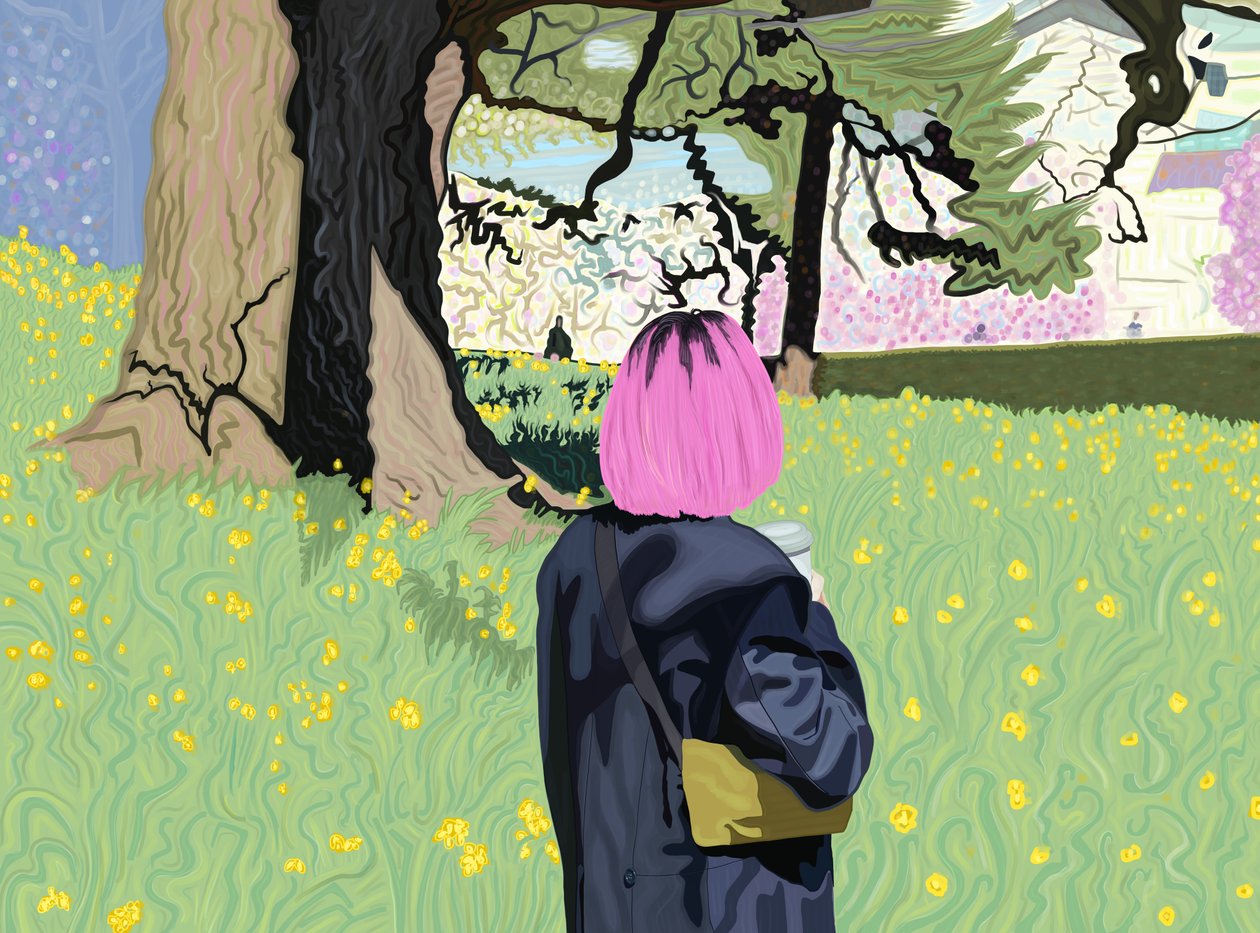 Donna Wirth capelli rosa e campo di narcisi (arte digitale) da Evan Sklar