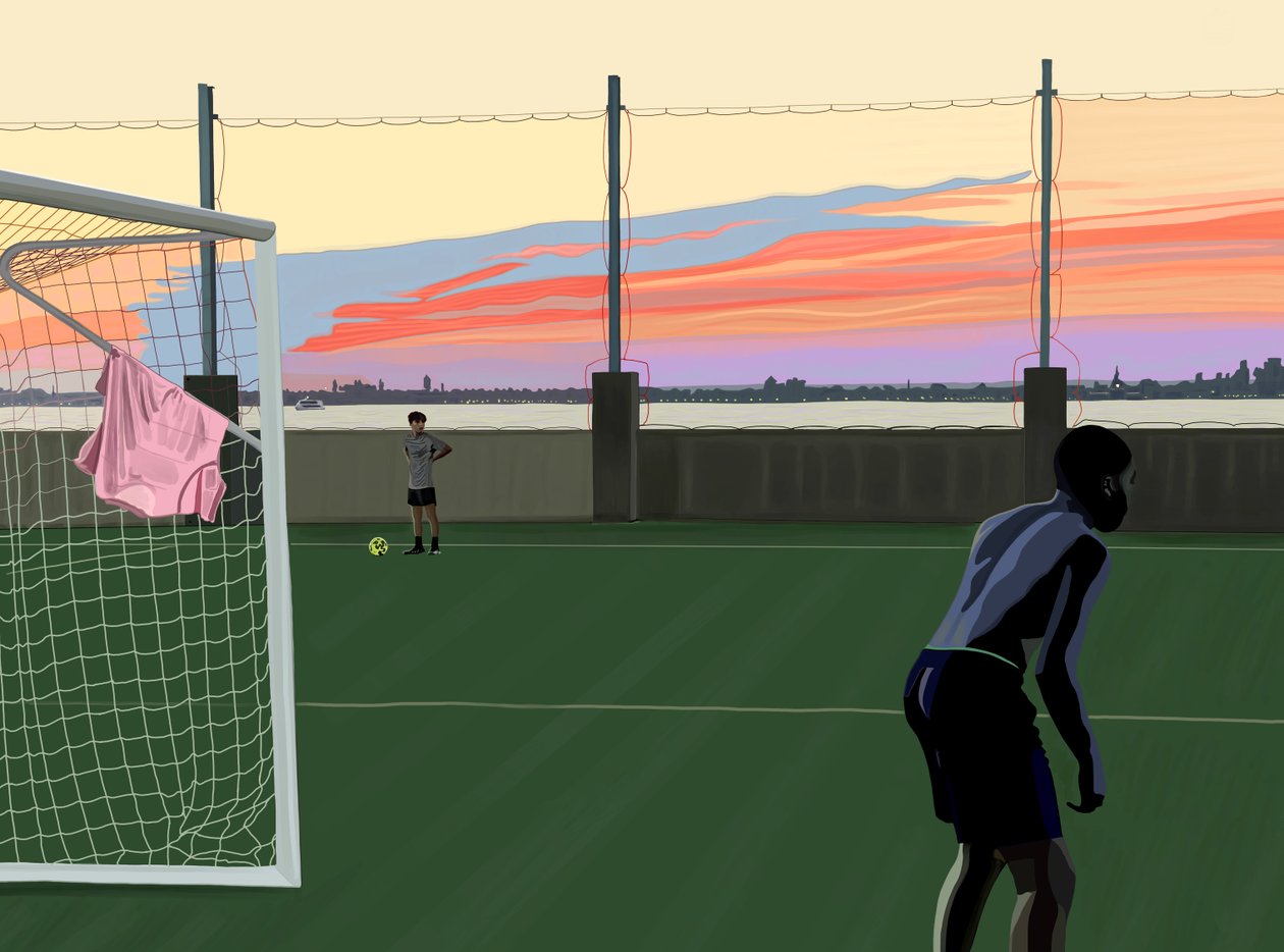 Calcio giovanile al Brooklyn Bridge Park (arte digitale) da Evan Sklar