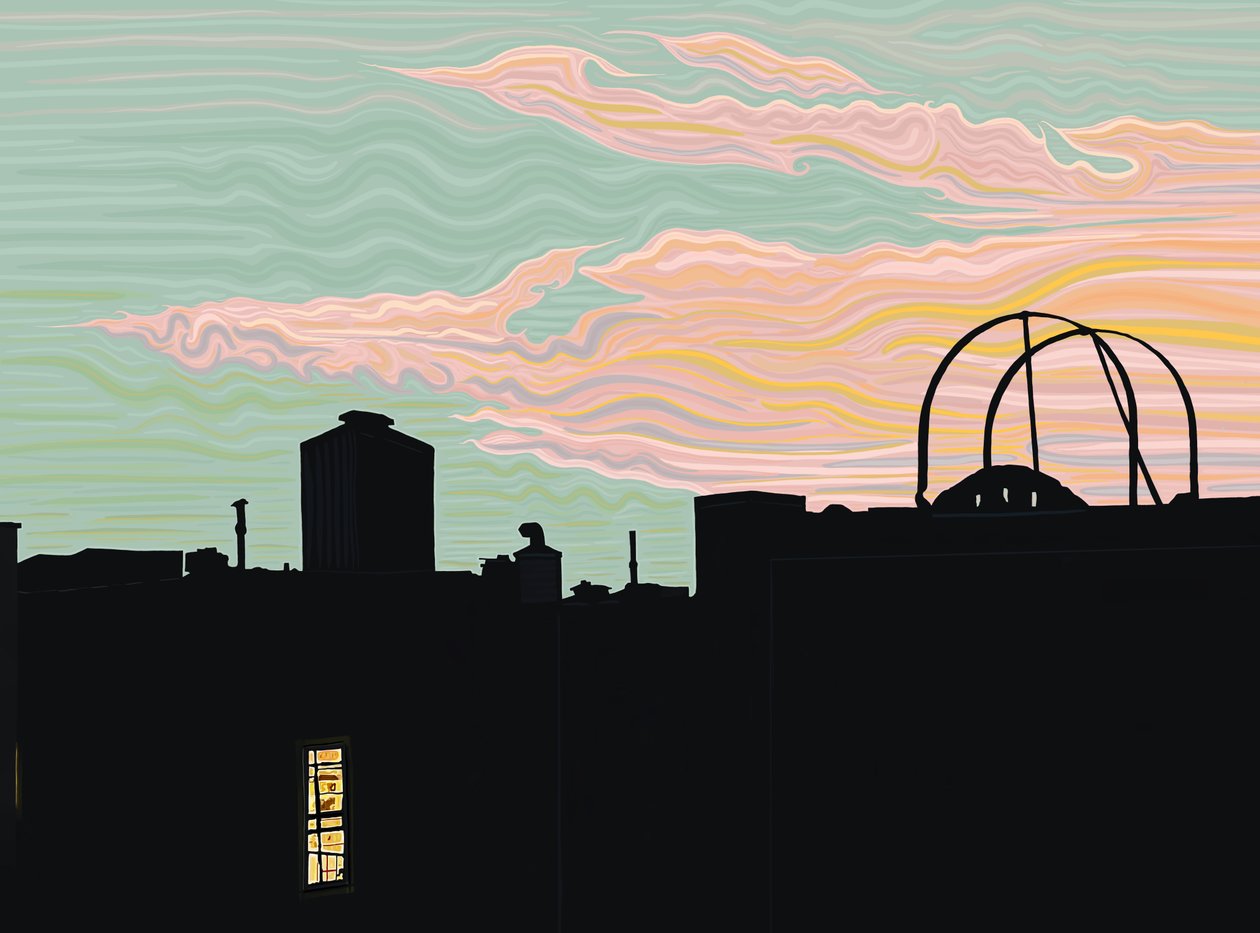 tetto e nuvole a punta al tramonto (arte digitale) da Evan Sklar