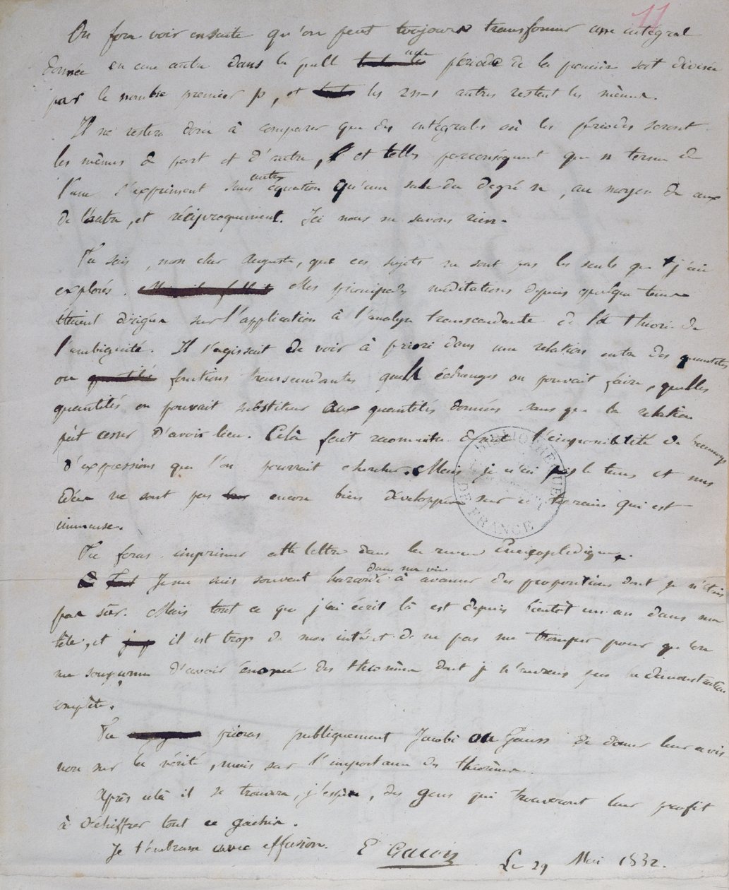Ms 2108 fol.11r Lettera da Gallois ad Auguste Chevalier, 29 maggio 1832 da Evariste Gallois