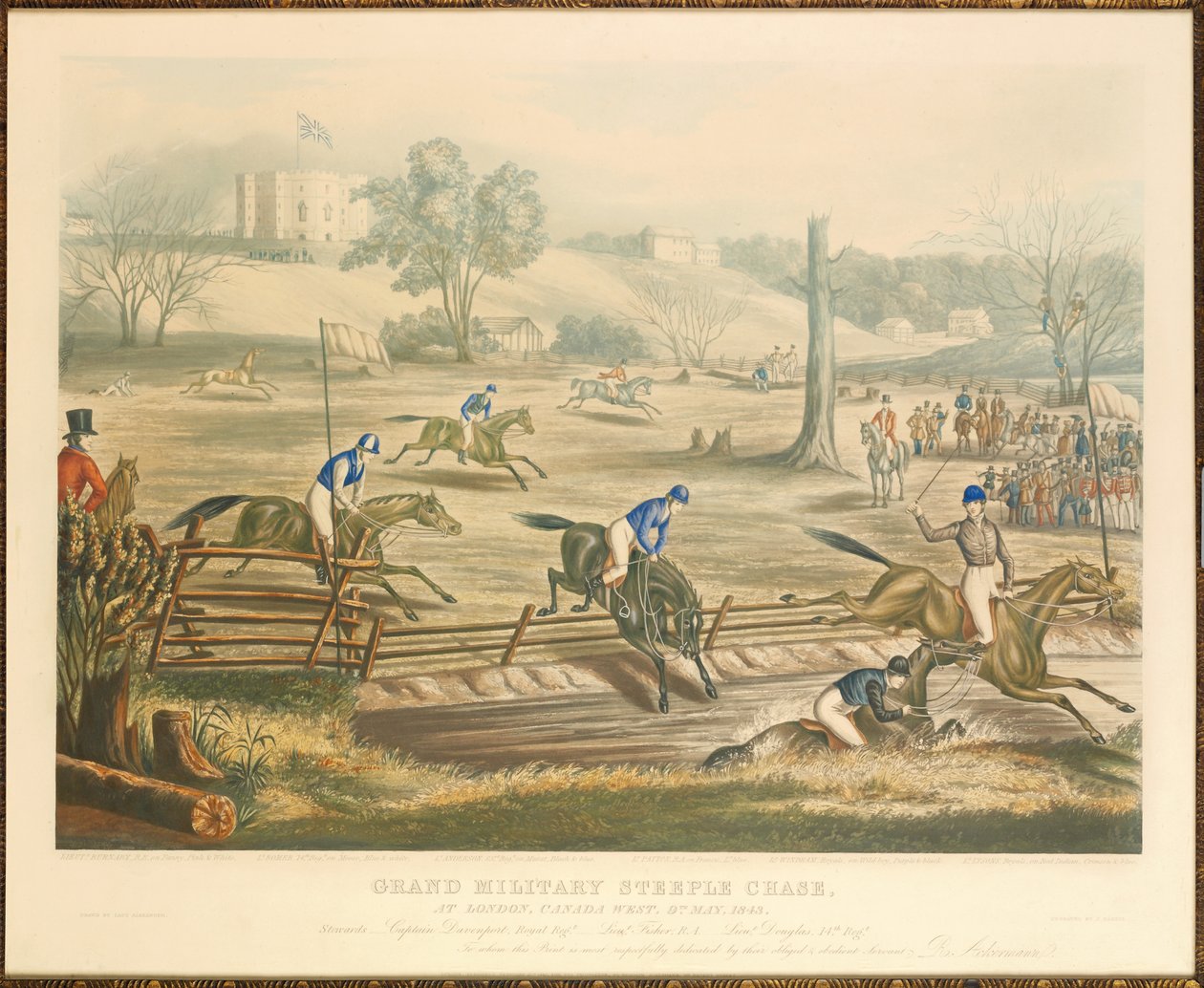 Grande corsa militare a ostacoli, a Londra, Canada Ovest, 9 maggio 1843, inciso da J. Harris da Evelyne Marie Alexander