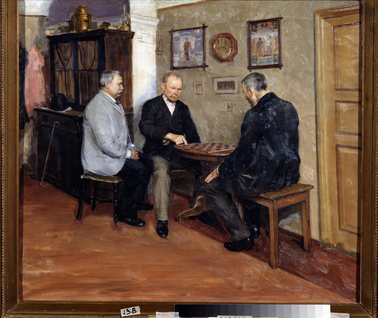 I giocatori di dama. Dipinto di Evgeni Iosifovich Bukovetsky (1866-1948) da Evgeniy Iosipovich Bukovetsky