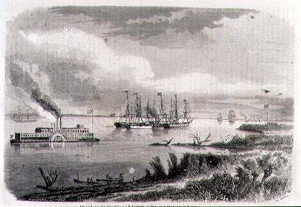 Un piroscafo e un rimorchiatore sul Mississippi, inciso da Stephane Pannemaker da Evremond de (after) Berard