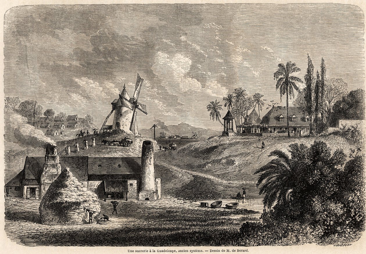 Una fabbrica di zucchero in Guadalupa, disegno di Auguste de Berard (1824-1881), per illustrare i viaggi nelle Indie Occidentali, nel 1858-1859, di Anthony Trollope (1815-1882). Incisione in 
