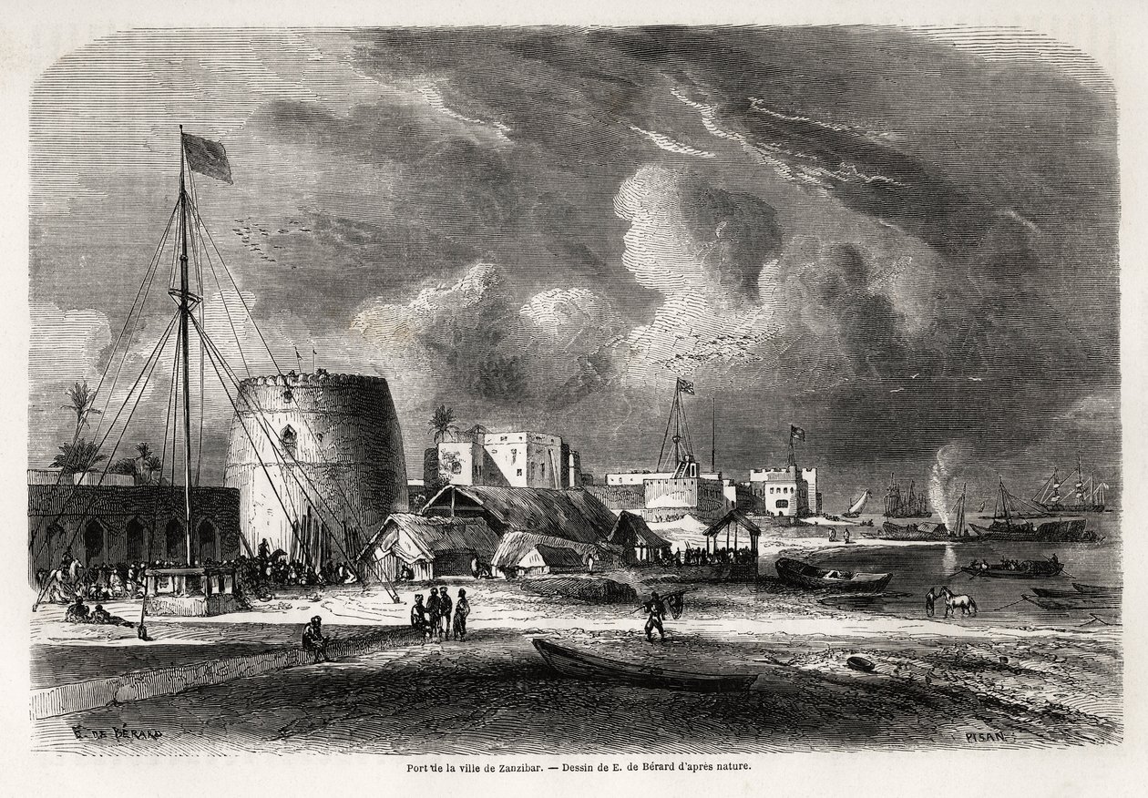 Porto della città di Zanzibar (attuale Tanzania), disegno di Evremond de Berard (1824-1881), per illustrare il viaggio del Capitano Burton ai Grandi Laghi dell