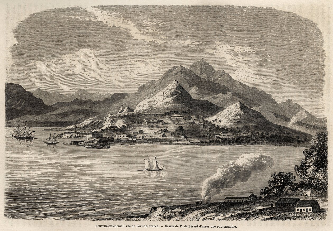 Vista del Porto di Francia, Nuova Caledonia, disegno di Evremont de Berard, per illustrare il viaggio di Victor de Rochas in Nuova Caledonia nel 1859. Incisione in "Le tour du monde" 1861. Collezione Selva da Evremond de (after) Berard