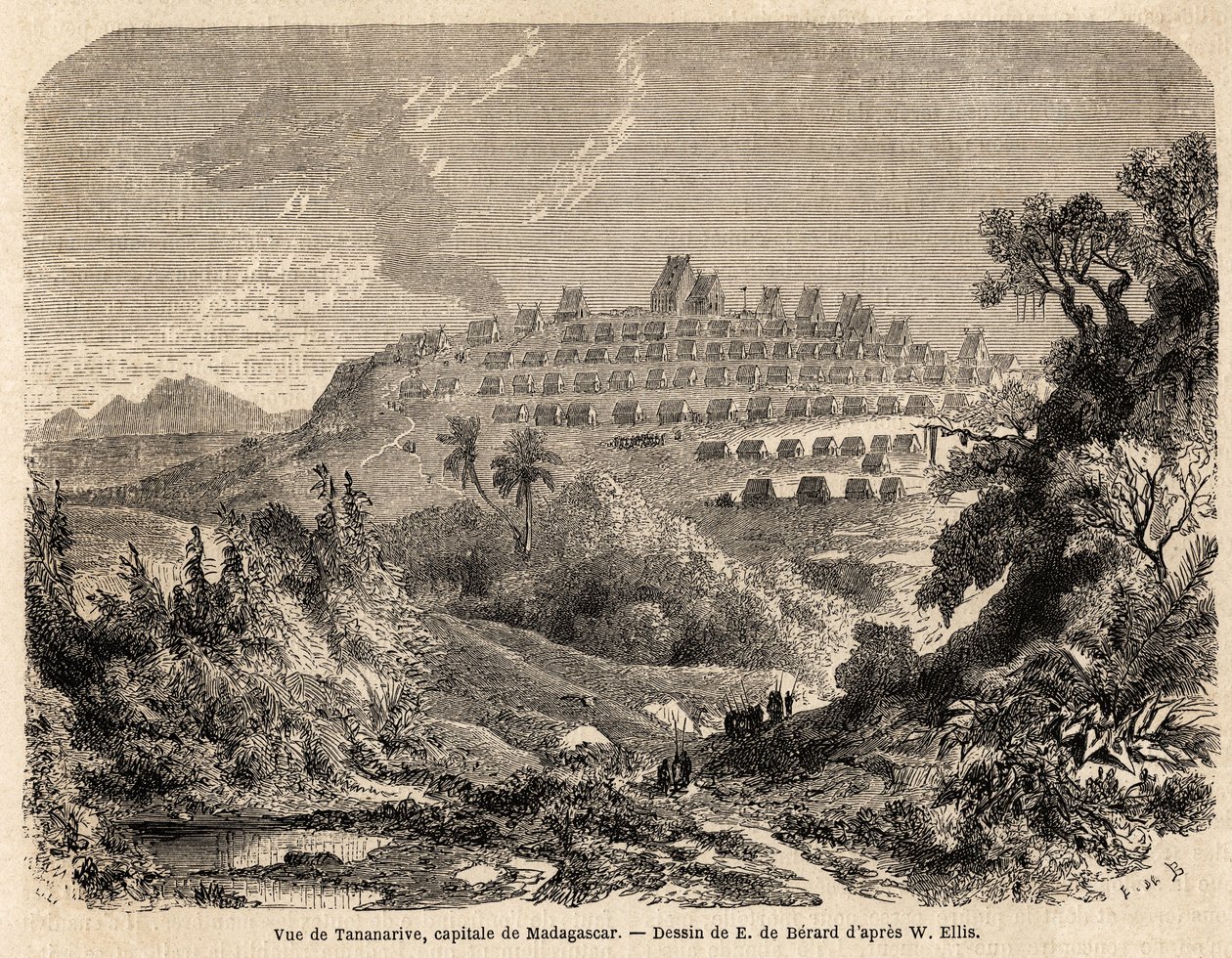 Veduta di Tananarive, capitale del Madagascar, disegno di Evremond de Berard (1824-1881), per illustrare il viaggio di Ida Pfeiffer in Madagascar nel 1857. Incisione in "Le tour du monde" 1861. Collezione Selva da Evremond de (after) Berard
