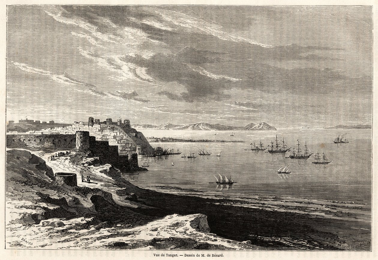 Veduta di Tangeri (Marocco), disegno di Evremond de Berard (1824-1881), per illustrare le note di viaggio di M.F.Schickler in Marocco. Incisione in "Il giro del mondo, nuovo giornale dei viaggi" Parigi da Evremond de (after) Berard