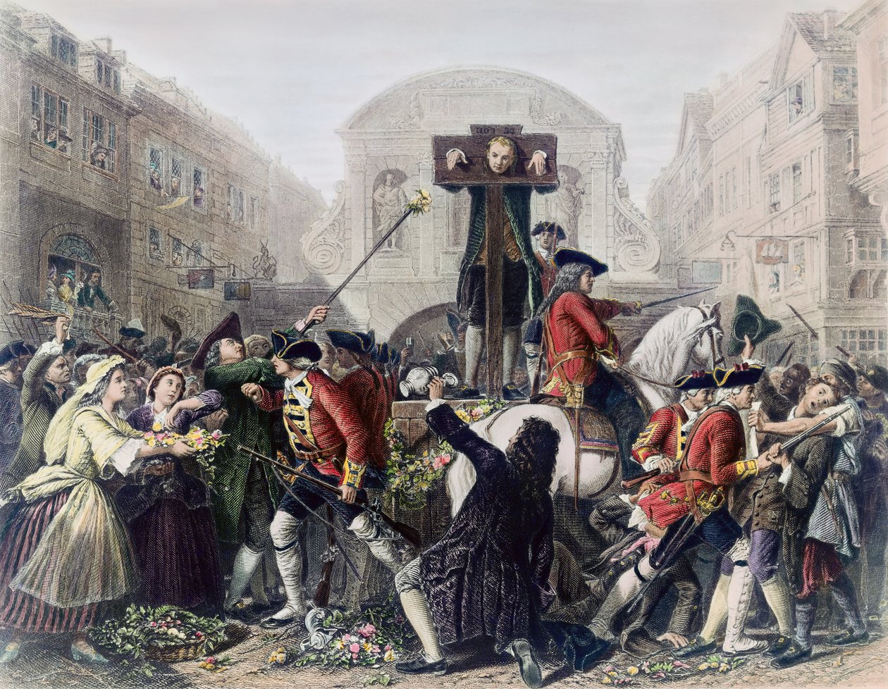 Vista di Daniel Defoe nella gogna a Temple Bar circondato da una folla da Eyre Crowe