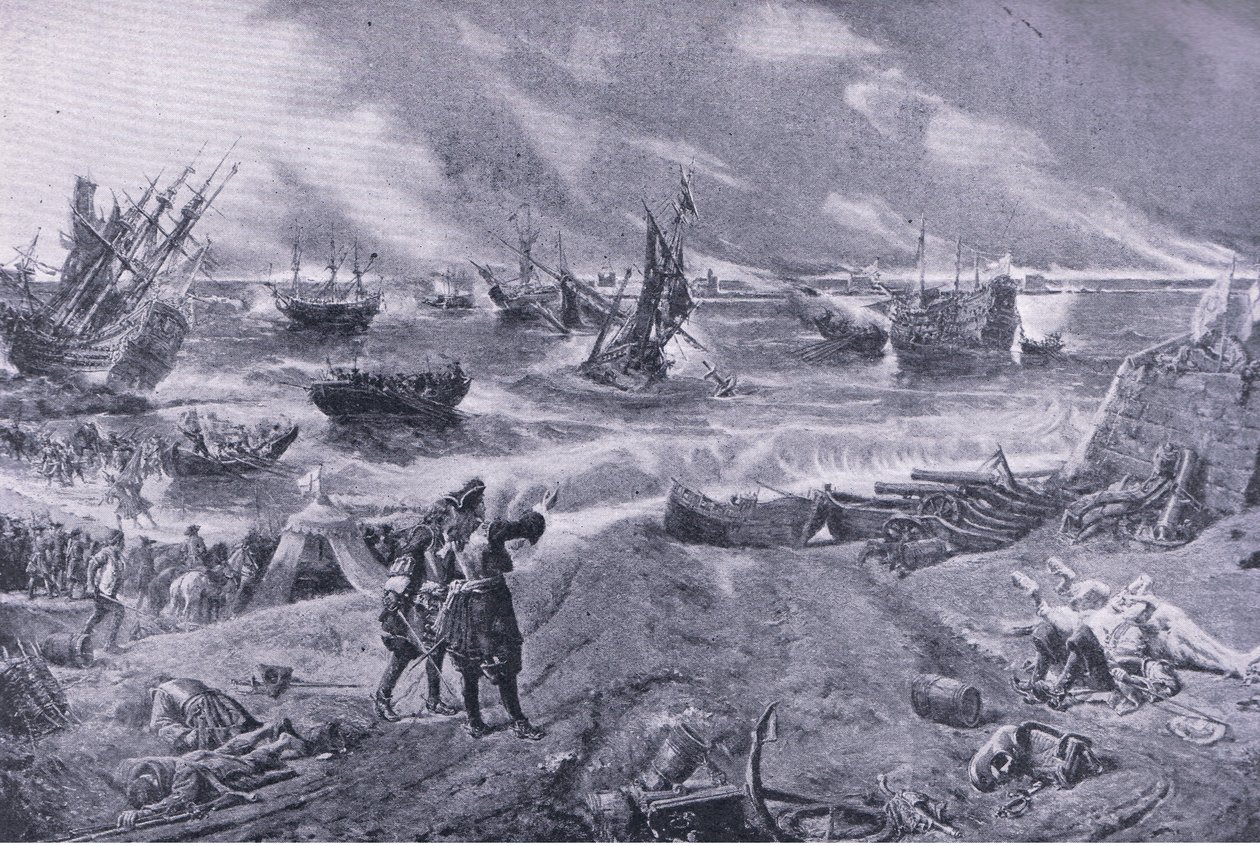 Giacomo II alla battaglia di La Hogue, 23 maggio 1692, illustrazione da British Battles on Land and Sea, 1915 da Eyre Crowe