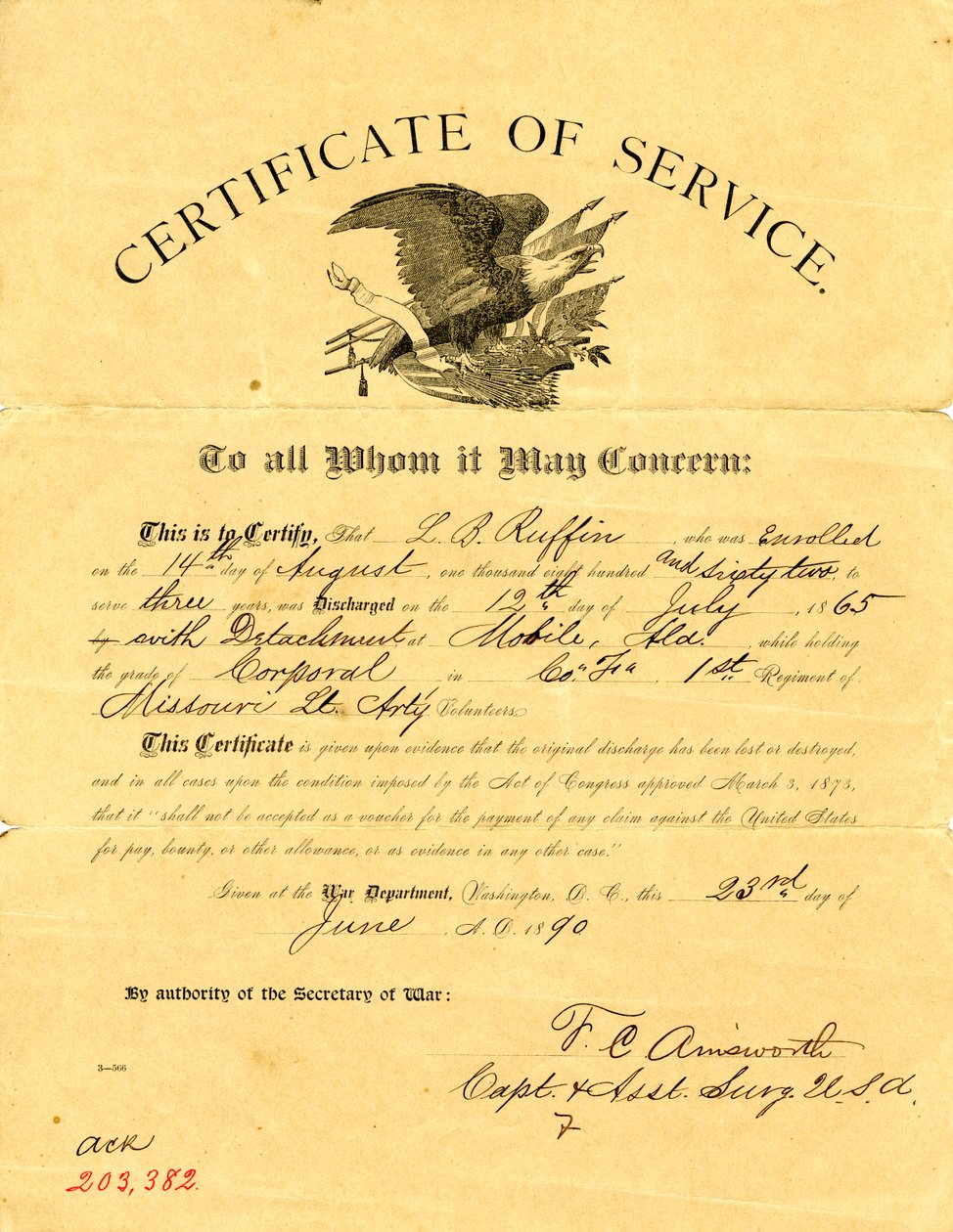Dichiara che Ruffin è stato congedato con il distaccamento il 12 luglio 1865, dalla Compagnia F della 1ª Artiglieria Leggera del Missouri mentre deteneva il grado di Caporale da F. C. Amsworth