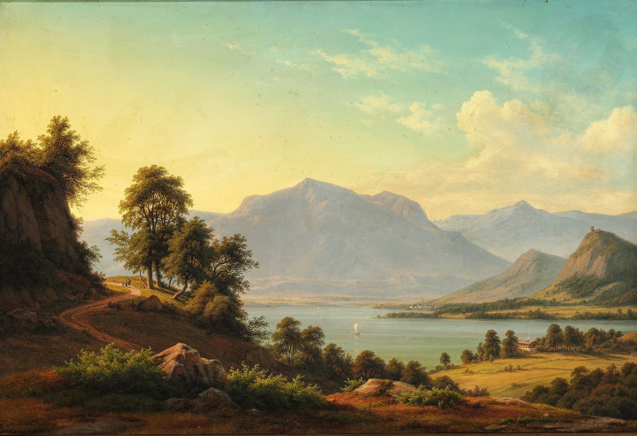 Paesaggio alpino con fiume e alte montagne da F.C. Kiærskou