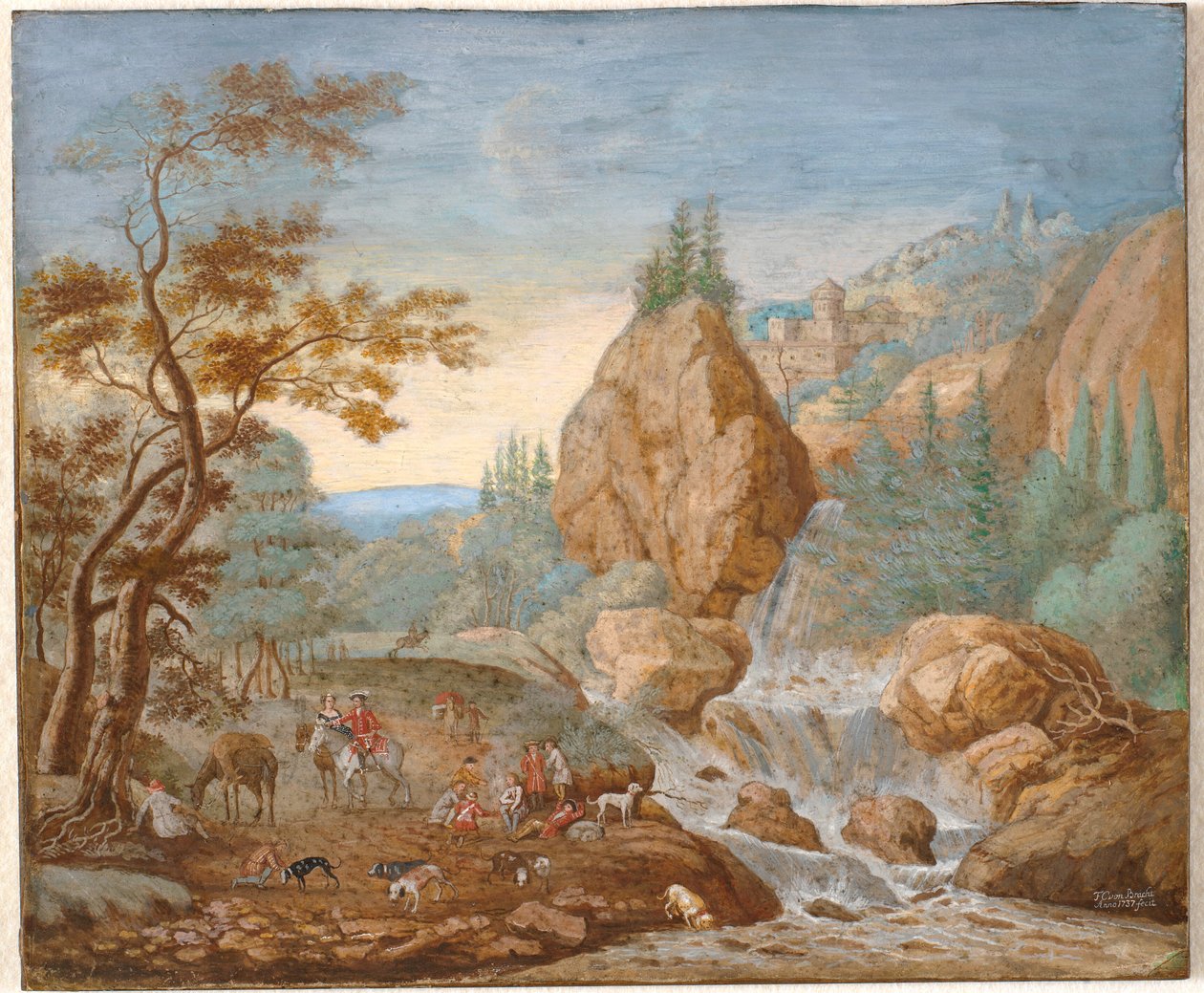 Paesaggio montano con una battuta di caccia in primo piano da F.C. van Bracht