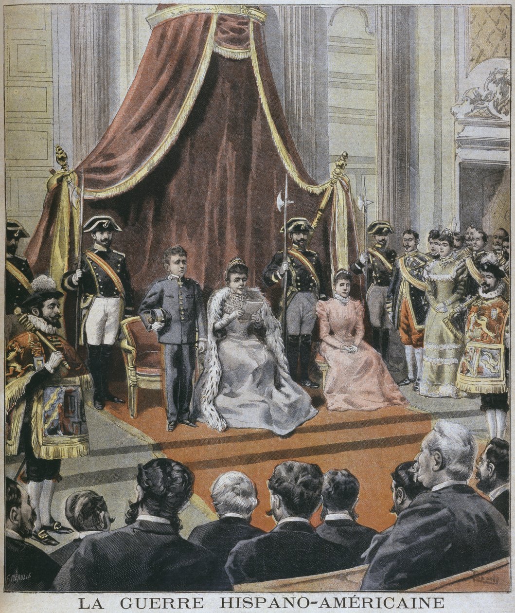 Guerra ispano-americana in Spagna, la Regina legge il suo messaggio alle Cortes, Madrid, illustrazione da 