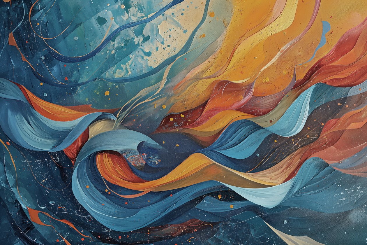 Pittura astratta in onde di blu, arancione e giallo da F. Abderrahim