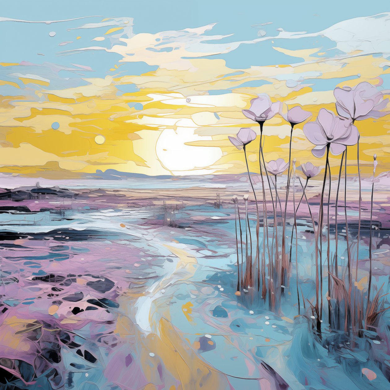 Fiori viola astratti nel paesaggio al tramonto, stampe d