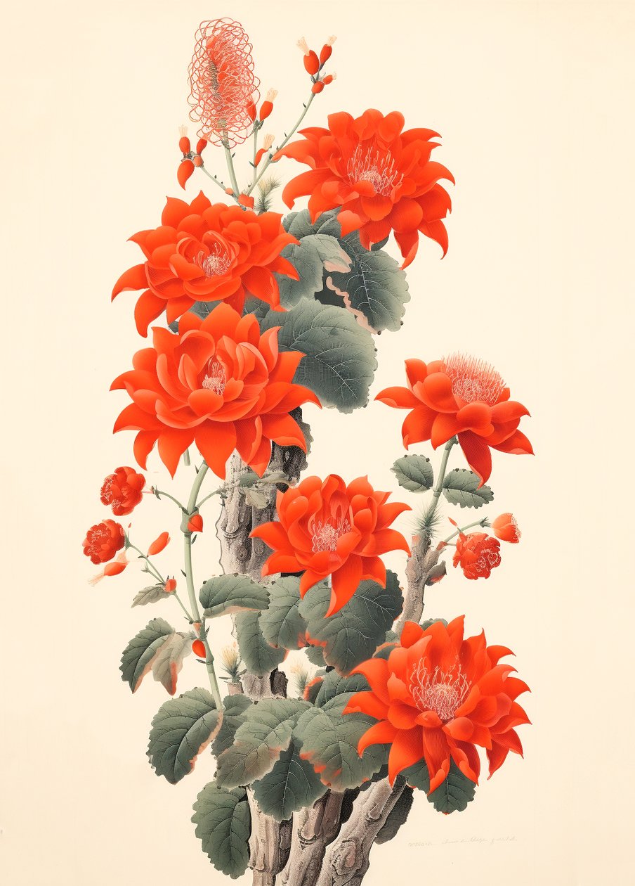 Cactus astratto con fiori, xilografia giapponese, stampe d