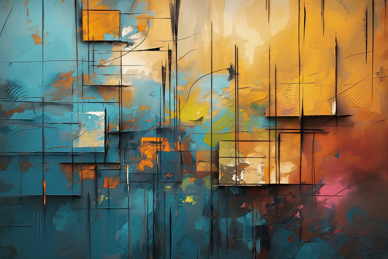 Pittura acrilica su tela, blu, arancione e giallo, decorazione murale per camera da letto da F. Abderrahim