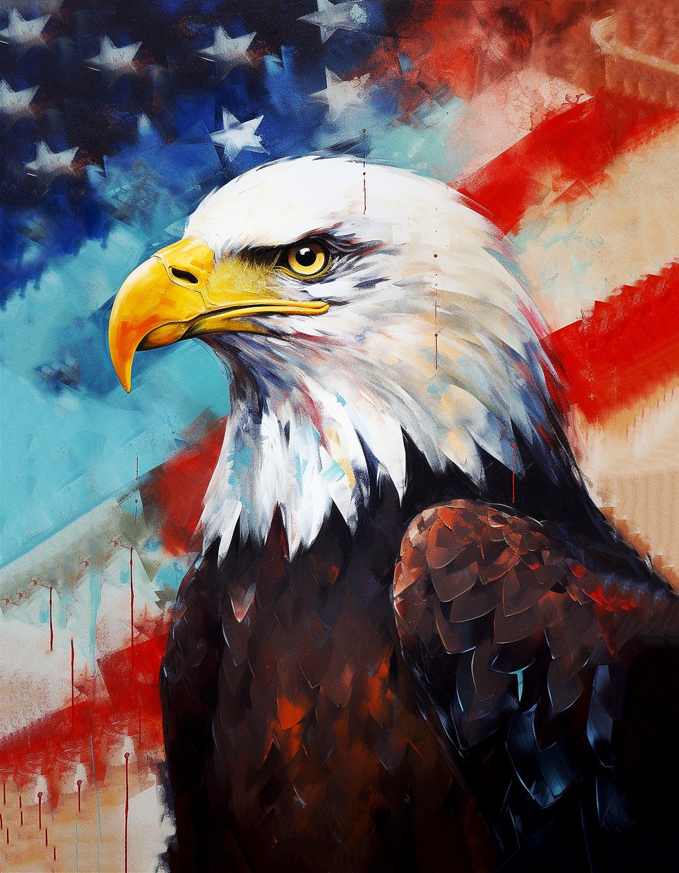 Aquila americana, bandiera degli Stati Uniti sullo sfondo, dipinto ad olio, decorazione per la stanza, stampe d