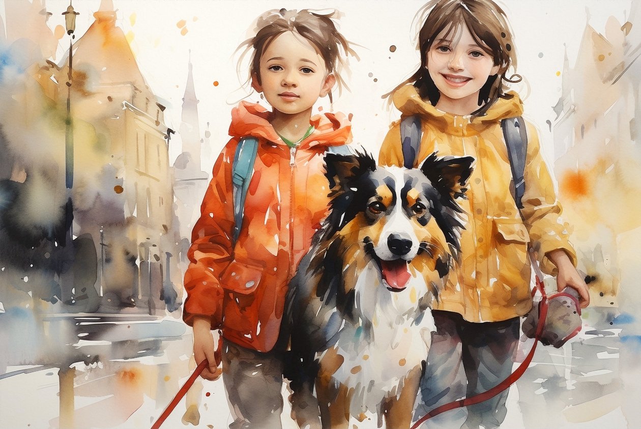 Ritratto ad acquerello di cane e bambini da F. Abderrahim