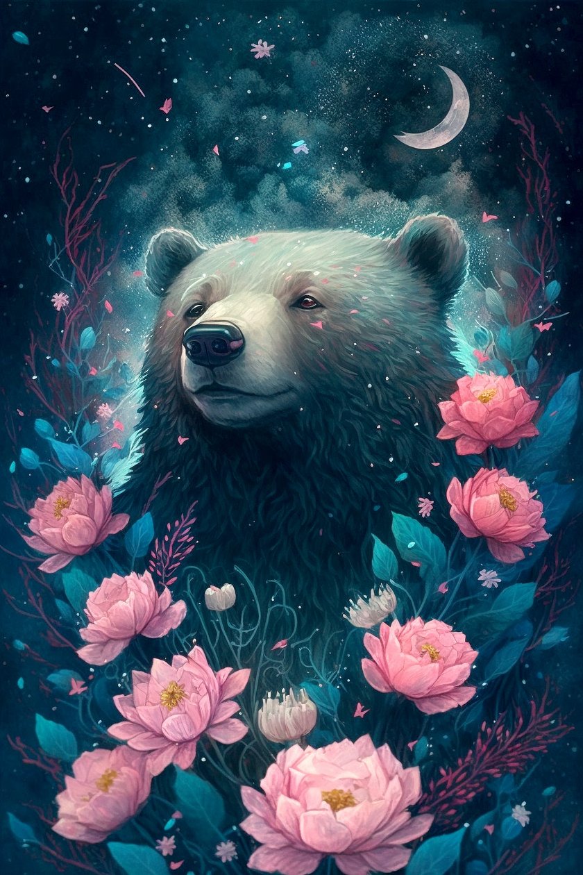 Orso in una scena da sogno fantastica circondato da fiori da F. Abderrahim