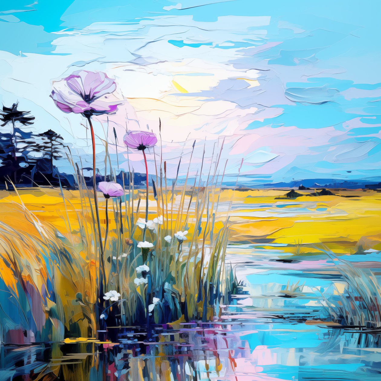 Fiori blu, fiori blu astratti nel paesaggio all