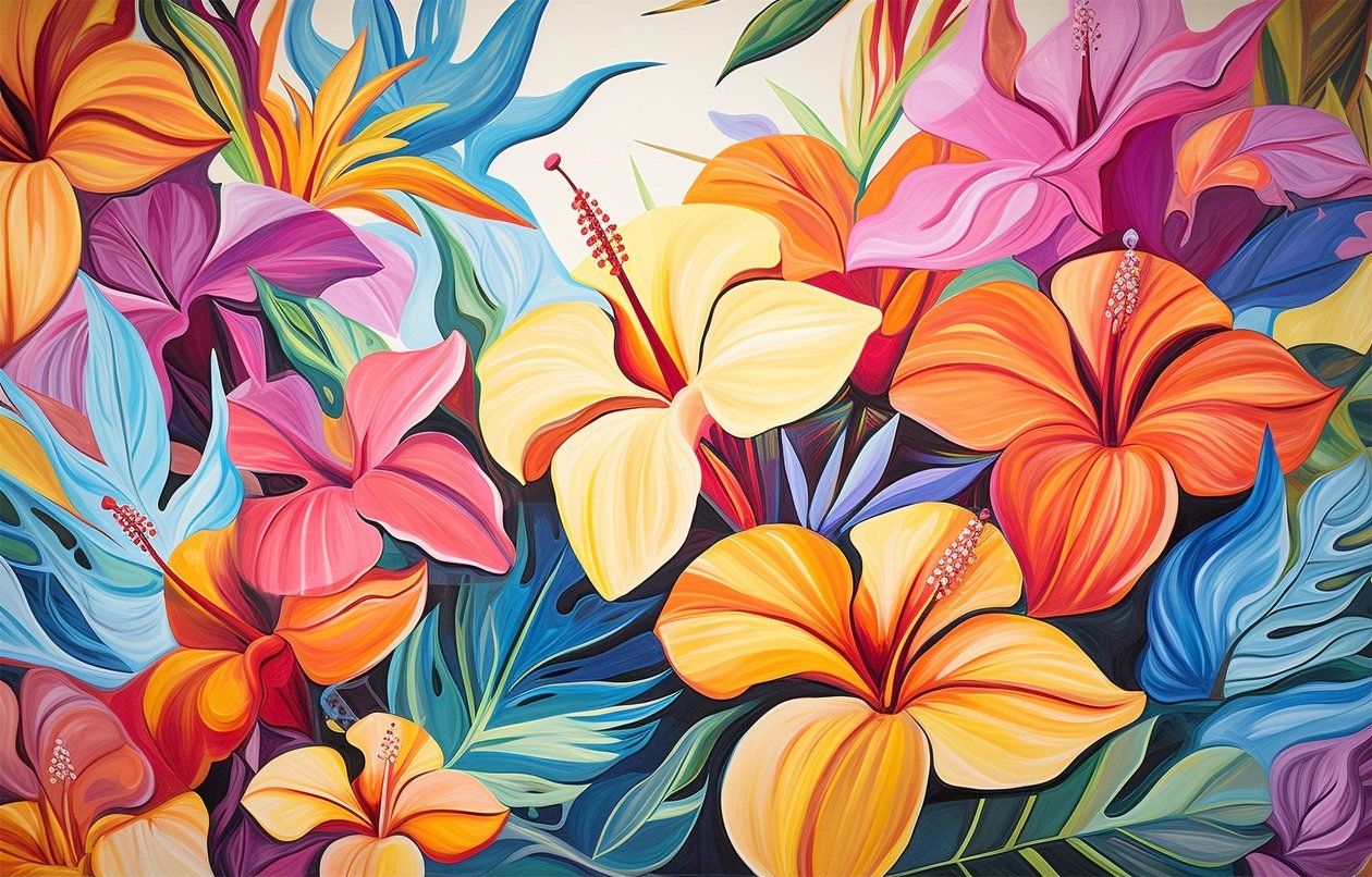 Mazzo di fiori di ibisco dai colori vivaci, dipinto floreale, stampe d