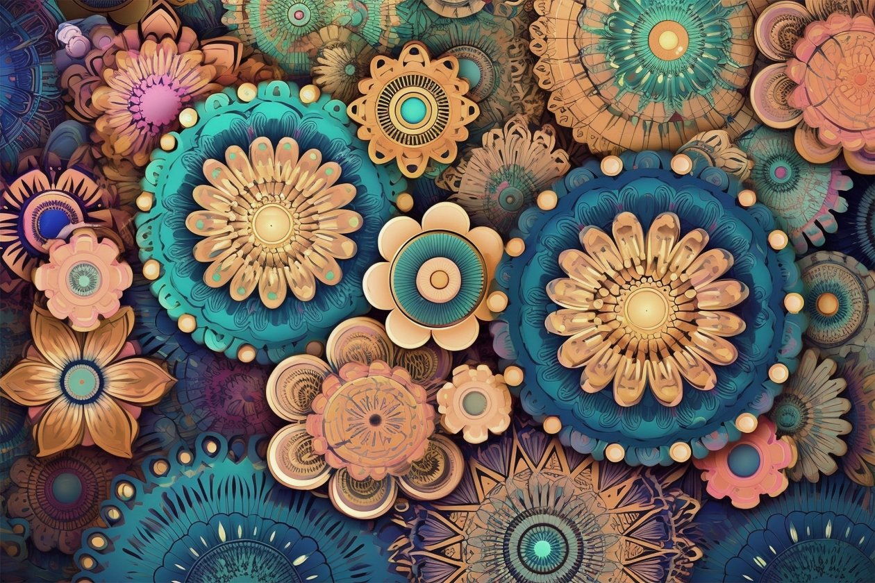 Mandala floreale colorato, un giardino di bellezza vibrante, stampe d