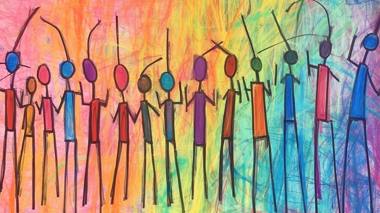 Pittura primitiva di una folla di persone, ritratto minimalista, stampe d