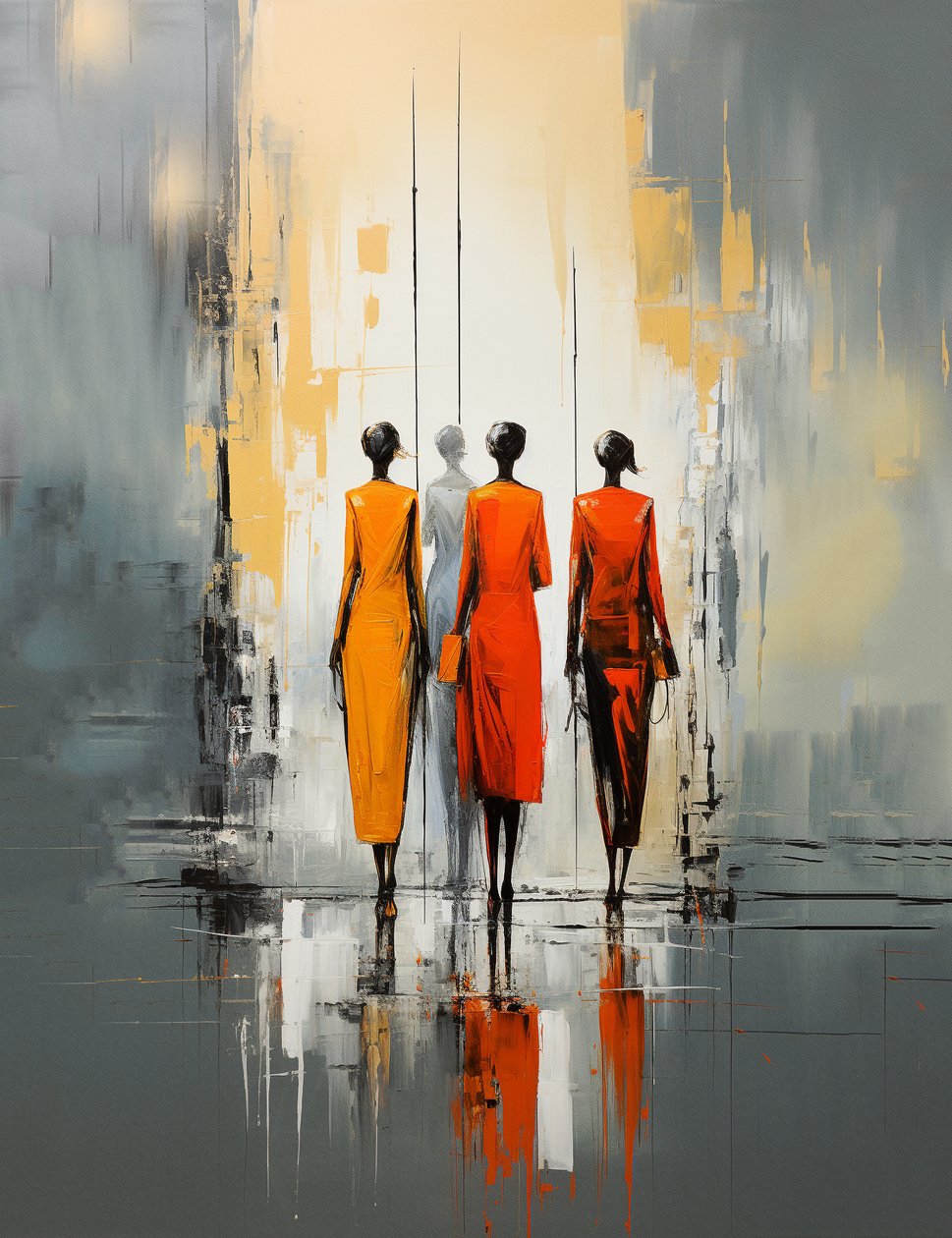 Persone che camminano per strada, dipinto astratto di donna da F. Abderrahim