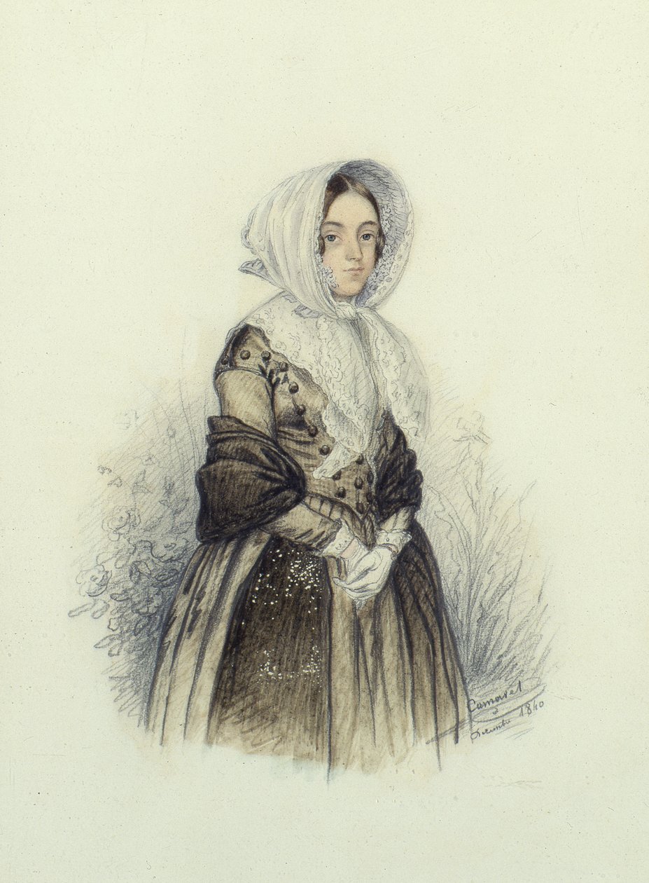 Ritratto di una Giovane Signora con un Cappello e Guanti Bianchi, 1840 da F. Camaret
