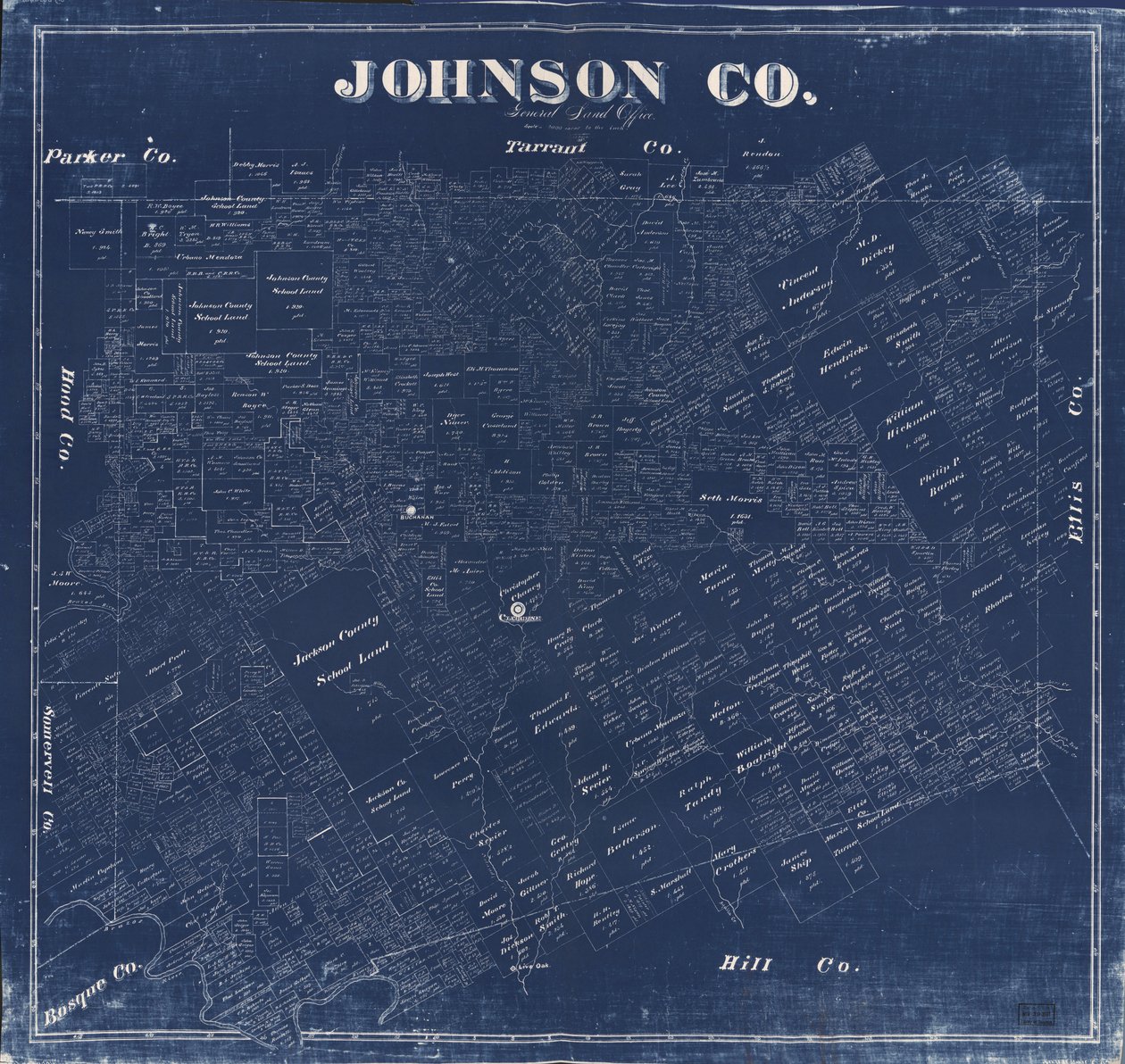 Blueprint mostra la proprietà terriera da F. G.; Texas. General Land Office Blau
