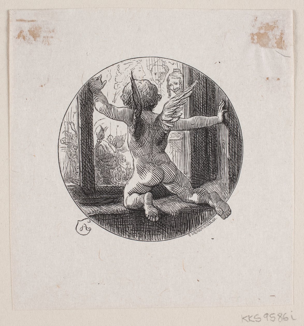 Vignetta circolare con angelo volante da F. Hendriksen