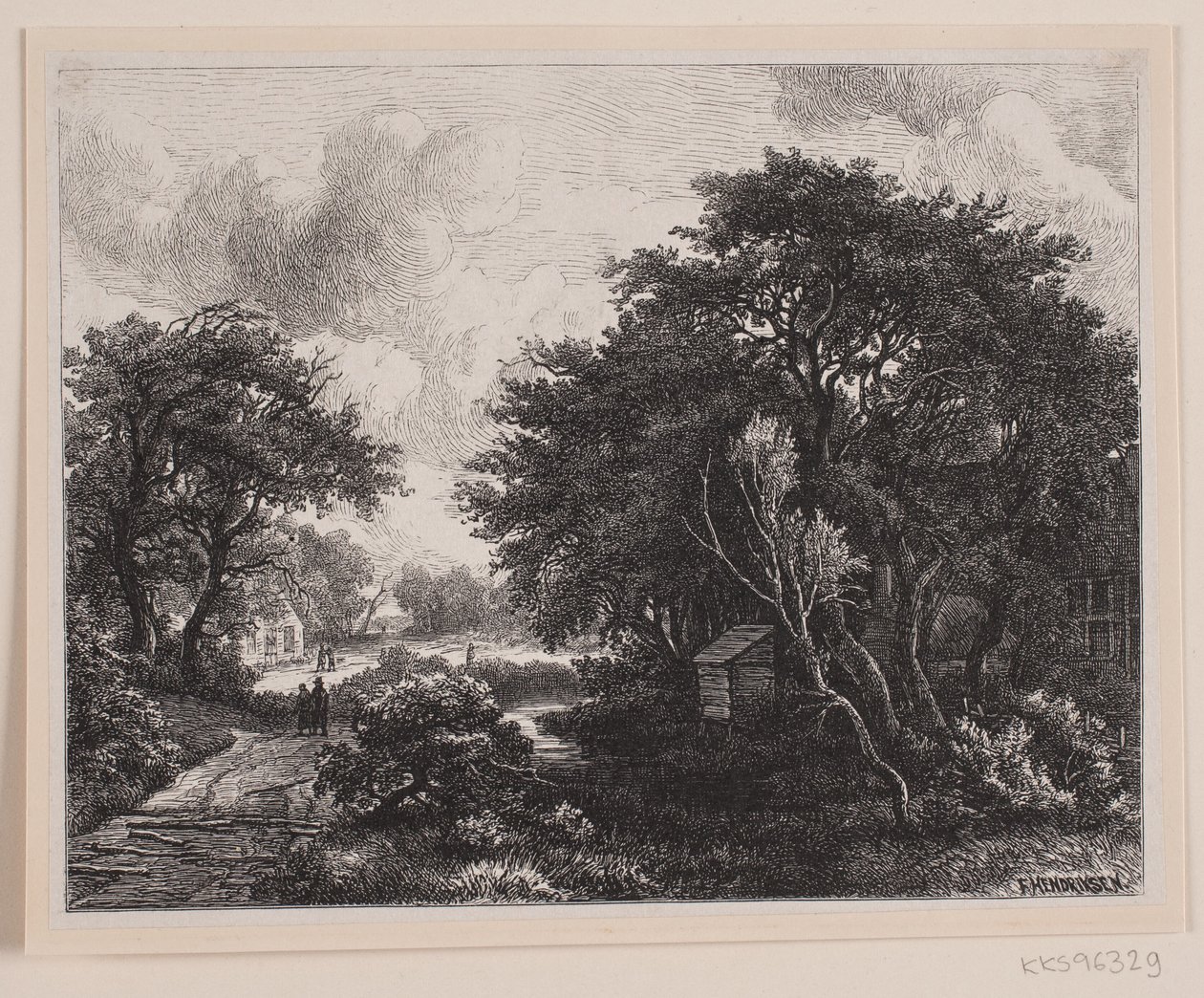 Vista lungo una strada che attraversa una città da F. Hendriksen