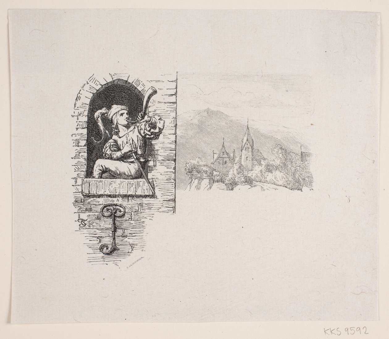 Vignetta per la poesia di J. P. Jacobsen, "Il paggio seduto in alto sulla torre" da F. Hendriksen