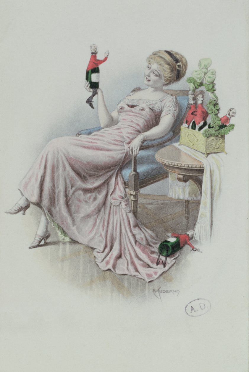 Cartolina raffigurante una donna con bottiglie di champagne a forma di uomini, c.1900 da F. Kuderna