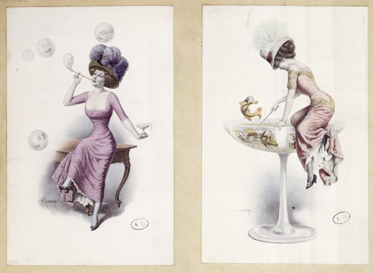 Cartoline raffiguranti una donna che soffia bolle e pesca in un bicchiere di Champagne, c.1900 da F. Kuderna