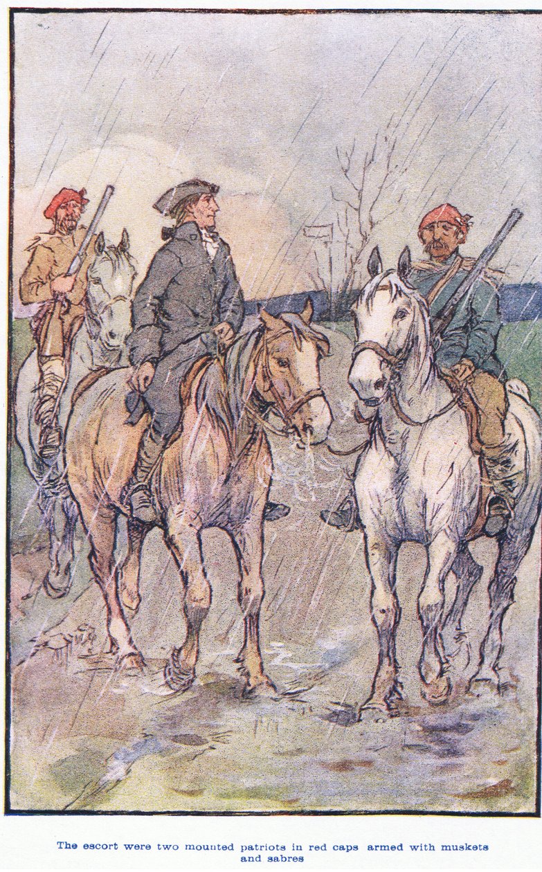 La scorta era composta da patrioti a cavallo con berretti rossi, armati di moschetti e sciabole da F. M. B. Blaikie